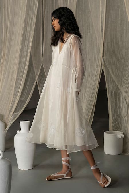 Shop_Zoon_Off White Silk Organza, Cotton Embroidery V-neck Placement Dress _Online_at_Aza_Fashions