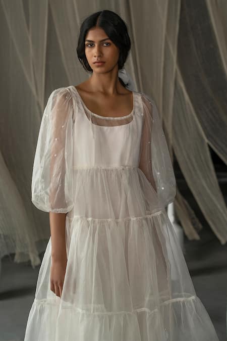 Zoon_Off White Silk Organza, Cotton Sequins, Embroidery Round Neck Sheer Dress _Online_at_Aza_Fashions
