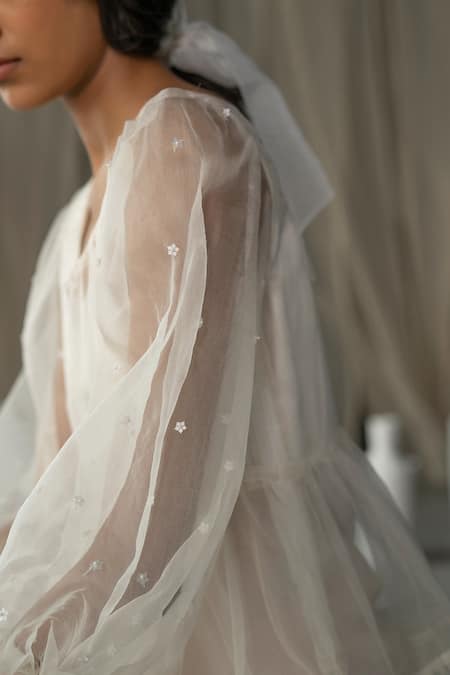 Buy_Zoon_Off White Silk Organza, Cotton Sequins, Embroidery Round Neck Sheer Dress _Online_at_Aza_Fashions