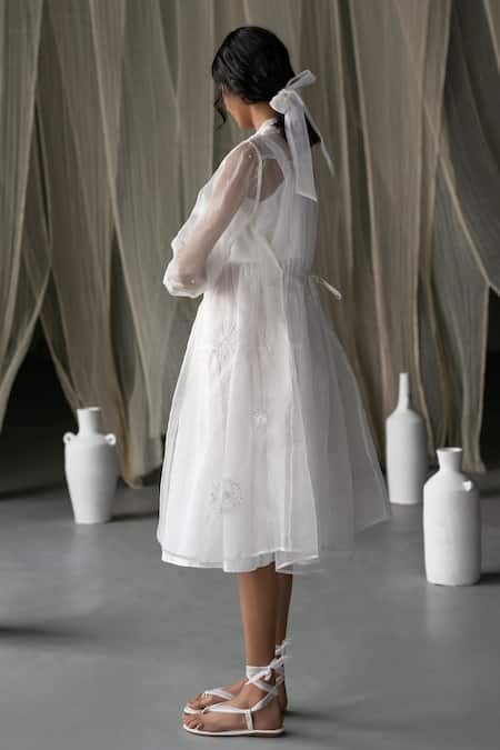 Zoon_Off White Chanderi, Silk Organza Embroidery Round Placement Jacket With Dress _Online_at_Aza_Fashions