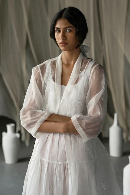 Buy_Zoon_Off White Chanderi, Silk Organza Embroidery Round Placement Jacket With Dress _Online_at_Aza_Fashions