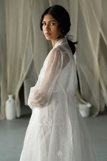 Shop_Zoon_Off White Chanderi, Silk Organza Embroidery Round Placement Jacket With Dress _Online_at_Aza_Fashions