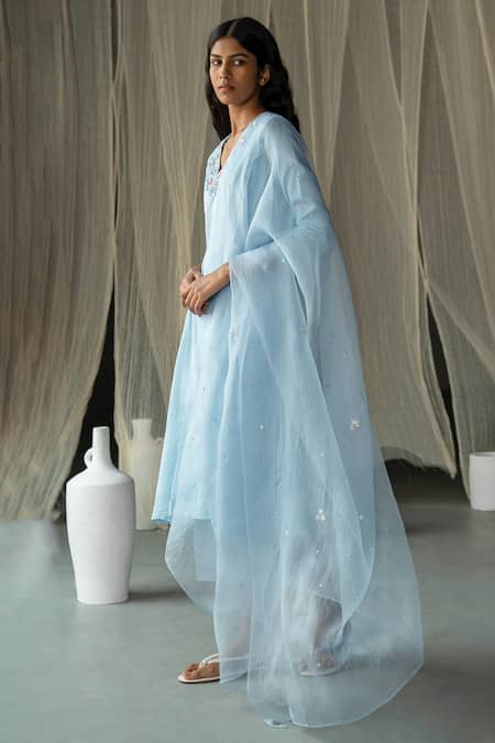 Zoon_Sky Blue , Cotton, Organza Embroidery, Chanderi Anarkali Pant Set _Online_at_Aza_Fashions