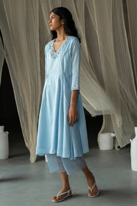 Buy_Zoon_Sky Blue , Cotton, Organza Embroidery, Chanderi Anarkali Pant Set _Online_at_Aza_Fashions