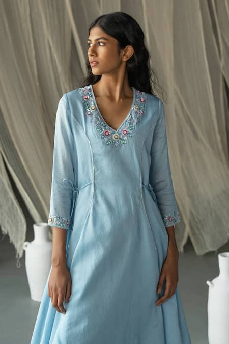 Shop_Zoon_Sky Blue , Cotton, Organza Embroidery, Chanderi Anarkali Pant Set _Online_at_Aza_Fashions