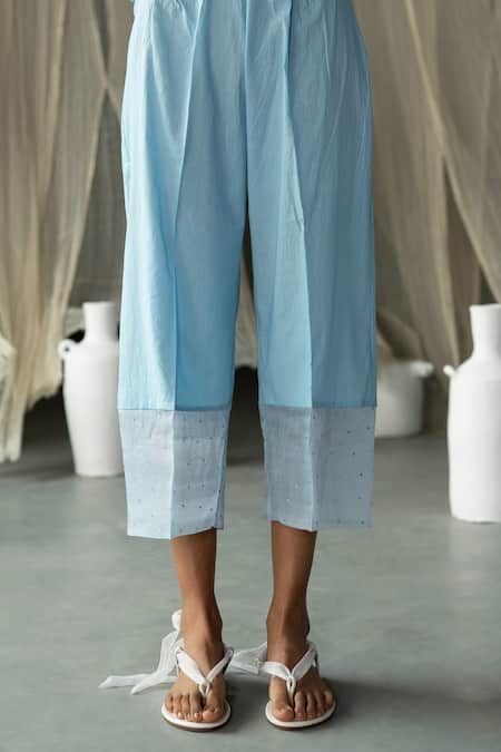 Zoon_Sky Blue , Cotton, Organza Embroidery, Chanderi Anarkali Pant Set _at_Aza_Fashions