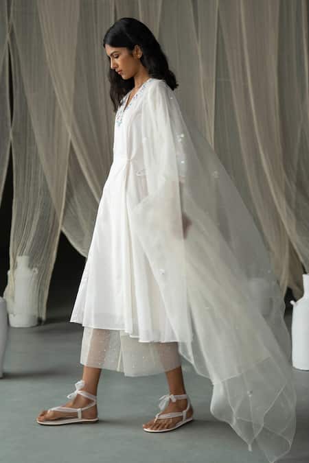 Zoon_Off White , Cotton, Organza Placed Aari Embellished Anarkali Pant Set _Online_at_Aza_Fashions