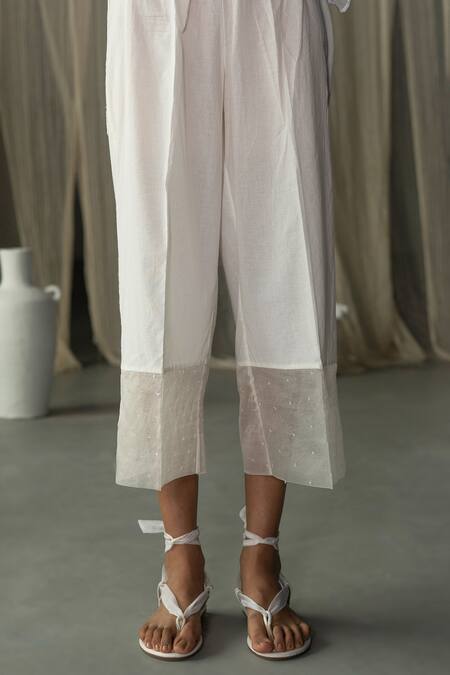Zoon_Off White , Cotton, Organza Placed Aari Embellished Anarkali Pant Set _at_Aza_Fashions