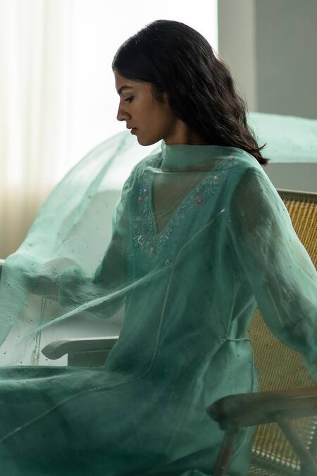 Zoon_Green , Cotton, Organza Sequins, Chanderi Side Tie Anarkali Pant Set _Online_at_Aza_Fashions