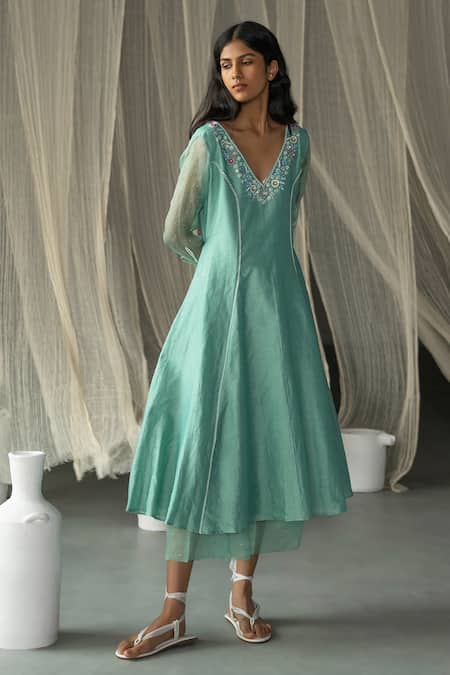 Buy_Zoon_Green , Cotton, Organza Sequins, Chanderi Side Tie Anarkali Pant Set _Online_at_Aza_Fashions