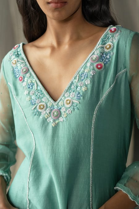 Shop_Zoon_Green , Cotton, Organza Sequins, Chanderi Side Tie Anarkali Pant Set _Online_at_Aza_Fashions