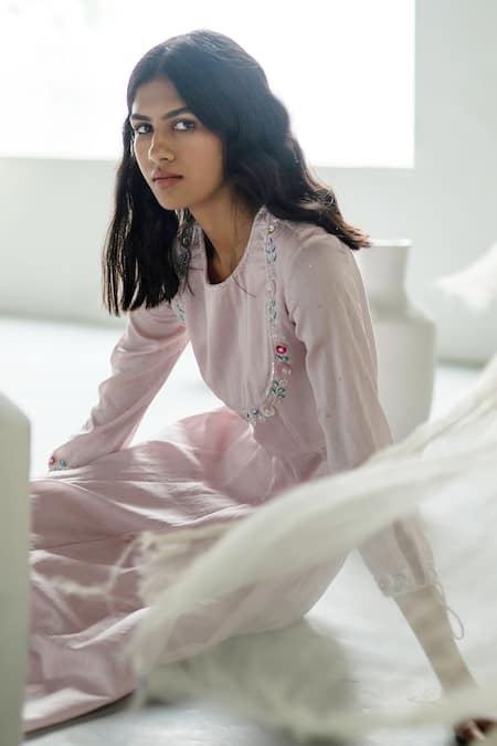 Zoon_Pink , Cotton, Organza Beads, Sequins, Neckline Anarkali Set _Online_at_Aza_Fashions