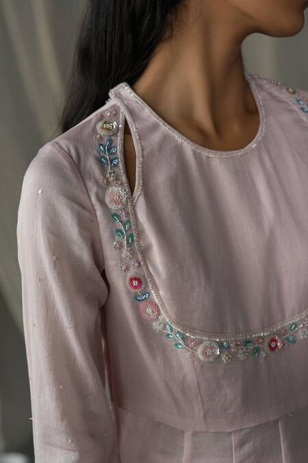 Shop_Zoon_Pink , Cotton, Organza Beads, Sequins, Neckline Anarkali Set _Online_at_Aza_Fashions