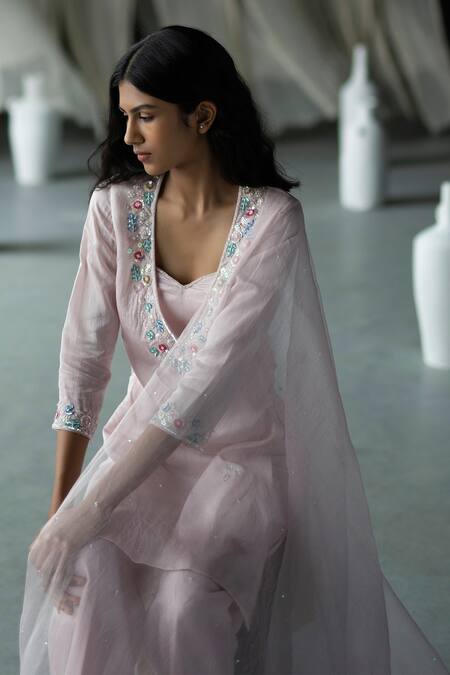 Zoon_Pink , Cotton, Organza Sequins, Chanderi Embellished Kurta Palazzo Set _Online_at_Aza_Fashions
