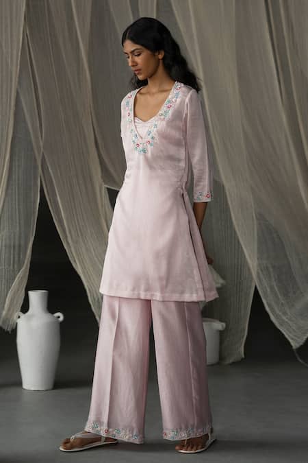 Buy_Zoon_Pink , Cotton, Organza Sequins, Chanderi Embellished Kurta Palazzo Set _Online_at_Aza_Fashions