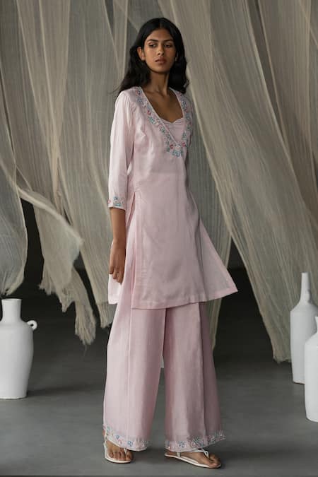 Shop_Zoon_Pink , Cotton, Organza Sequins, Chanderi Embellished Kurta Palazzo Set _Online_at_Aza_Fashions