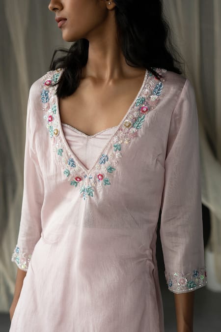 Zoon_Pink , Cotton, Organza Sequins, Chanderi Embellished Kurta Palazzo Set _at_Aza_Fashions