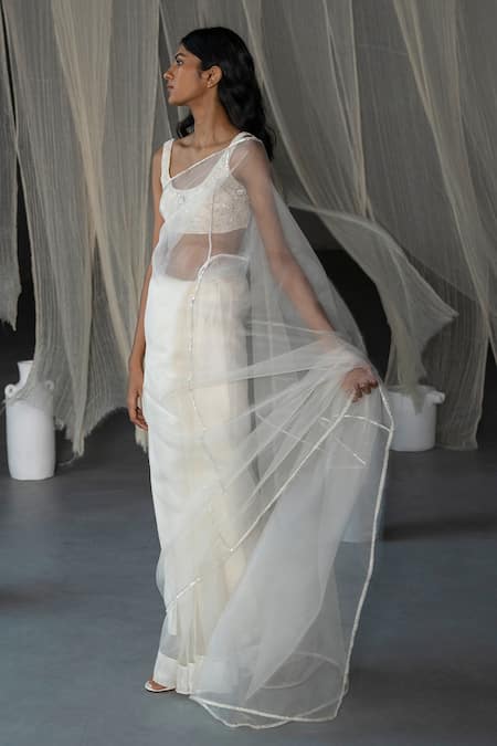 Zoon_Off White Silk Organza, Net Pearls, Sequins Round Saree With Embellished Blouse _Online_at_Aza_Fashions