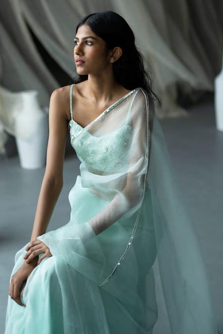 Zoon_Green Silk Organza, Net Pearls, Sequins, Sheer Saree With Embellished Blouse _Online_at_Aza_Fashions