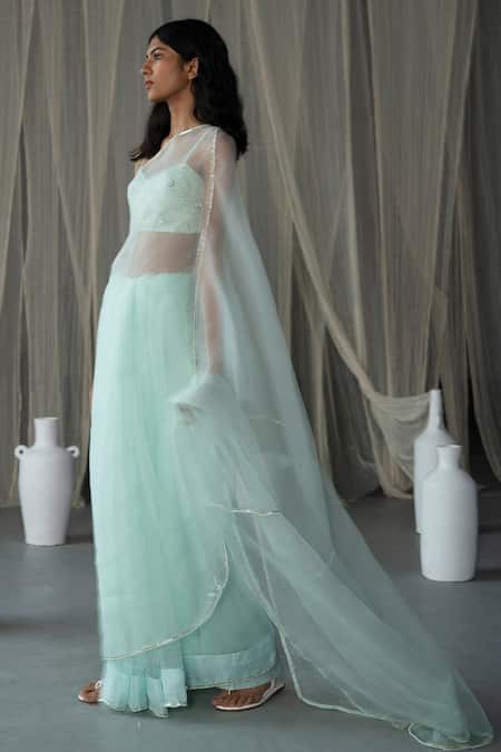 Buy_Zoon_Green Silk Organza, Net Pearls, Sequins, Sheer Saree With Embellished Blouse _Online_at_Aza_Fashions