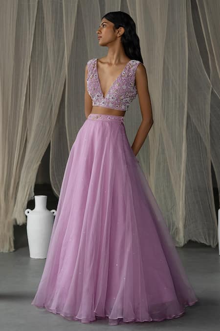 Zoon Purple Net, Silk Organza Pearls, Sequins V-neck Embroidered Blouse Lehenga Set Online at Aza Fashions Zoon_Purple Net, Silk Organza Pearls, Sequins V-neck Embroidered Blouse Lehenga Set _Online_at_Aza_Fashions