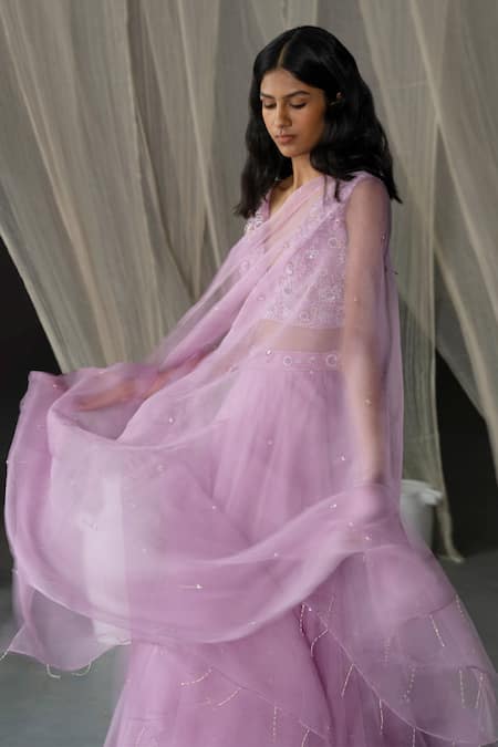 Buy Zoon Purple Net, Silk Organza Pearls, Sequins V-neck Embroidered Blouse Lehenga Set Online at Aza Fashions Buy_Zoon_Purple Net, Silk Organza Pearls, Sequins V-neck Embroidered Blouse Lehenga Set _Online_at_Aza_Fashions