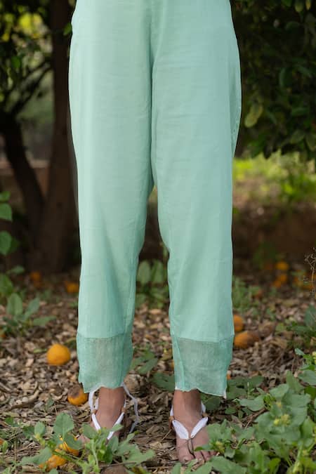 Zoon_Green , Satin Keyhole Neck Pastel Handblock Print Kurta With Pant _at_Aza_Fashions