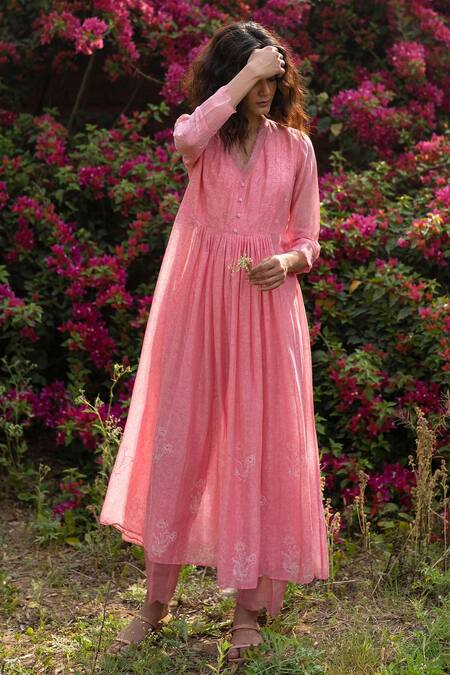 Zoon_Pink Cotton Embroidery V-neck Floral Handblock Print Anarkali And Pant Set _Online_at_Aza_Fashions