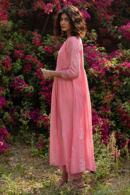Buy_Zoon_Pink Cotton Embroidery V-neck Floral Handblock Print Anarkali And Pant Set _Online_at_Aza_Fashions