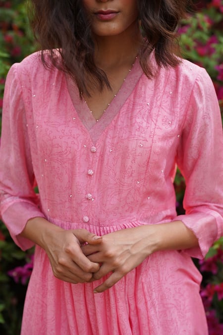 Shop_Zoon_Pink Cotton Embroidery V-neck Floral Handblock Print Anarkali And Pant Set _Online_at_Aza_Fashions