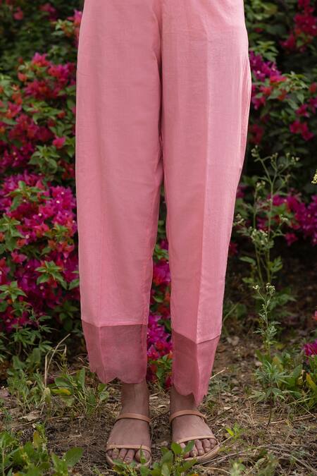 Zoon_Pink Cotton Embroidery V-neck Floral Handblock Print Anarkali And Pant Set _at_Aza_Fashions