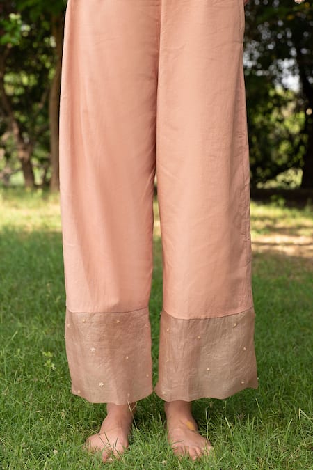 Zoon_Pink Silk Organza, Cotton Sequins, Applique, Aari Dandelion Kurta With Pant _at_Aza_Fashions