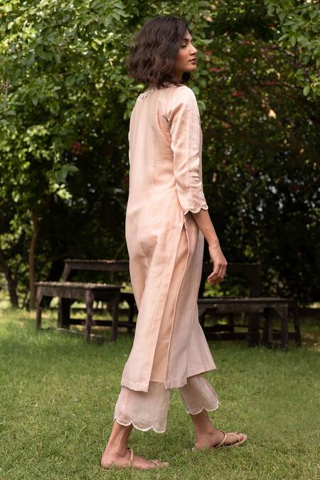 Buy_Zoon_Pink , Cotton, Organza Sequins, Chanderi Placed Kurta Pant Set _Online_at_Aza_Fashions