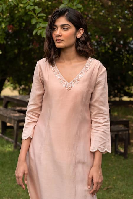 Shop_Zoon_Pink , Cotton, Organza Sequins, Chanderi Placed Kurta Pant Set _Online_at_Aza_Fashions