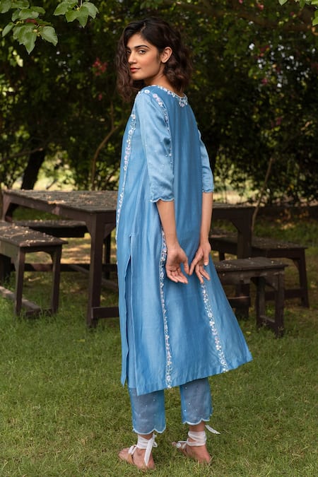 Shop Zoon Blue , Chanderi, Cotton, Organza Embroidery, Beads Panelled Kurta Set Online at Aza Fashions Shop_Zoon_Blue , Chanderi, Cotton, Organza Embroidery, Beads Panelled Kurta Set _Online_at_Aza_Fashions