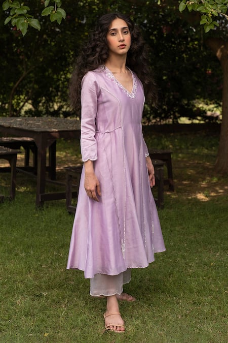 Zoon_Purple , Cotton, Organza Chanderi Side Tie Anarkali Pant Set _Online_at_Aza_Fashions