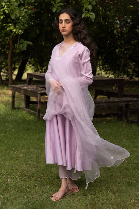 Buy_Zoon_Purple , Cotton, Organza Chanderi Side Tie Anarkali Pant Set _Online_at_Aza_Fashions