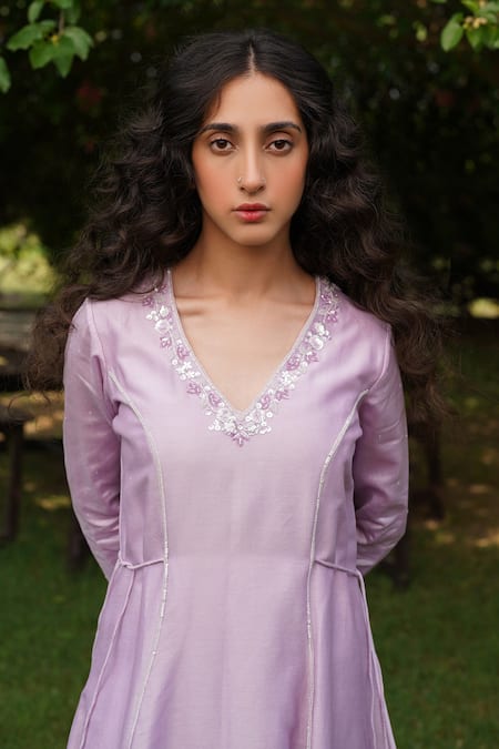 Shop_Zoon_Purple , Cotton, Organza Chanderi Side Tie Anarkali Pant Set _Online_at_Aza_Fashions