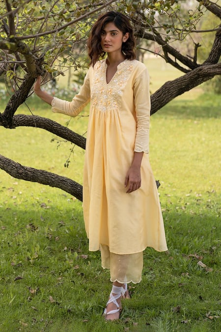 Zoon_Yellow , Chanderi, Organza, Cotton Aari Placket Anarkali Pant Set _Online_at_Aza_Fashions