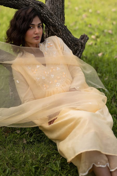 Shop_Zoon_Yellow , Chanderi, Organza, Cotton Aari Placket Anarkali Pant Set _Online_at_Aza_Fashions