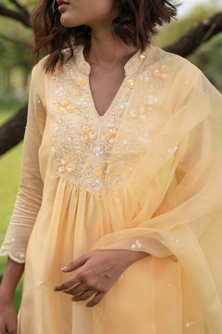 Zoon_Yellow , Chanderi, Organza, Cotton Aari Placket Anarkali Pant Set _at_Aza_Fashions