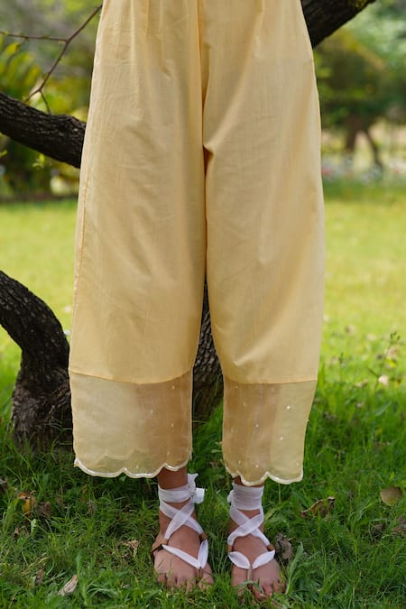 Buy_Zoon_Yellow , Chanderi, Organza, Cotton Aari Placket Anarkali Pant Set 