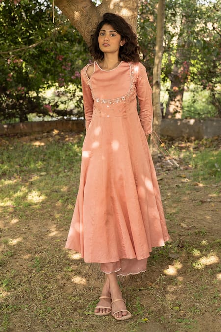 Zoon_Coral , Cotton, Organza Sequins, Embellished Yoke Anarkali Pant Set _Online_at_Aza_Fashions