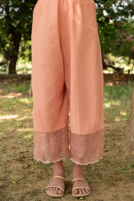 Zoon_Coral , Cotton, Organza Sequins, Embellished Yoke Anarkali Pant Set _at_Aza_Fashions