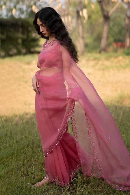 Zoon_Pink Silk Organza, Crepe Sequins Round Neck Embellished Border Saree With Blouse _Online_at_Aza_Fashions