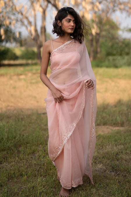 Zoon Pink Crepe, Silk Organza Sequins Crystal Embroidered Border Saree With Blouse Online at Aza Fashions Zoon_Pink Crepe, Silk Organza Sequins Crystal Embroidered Border Saree With Blouse _Online_at_Aza_Fashions