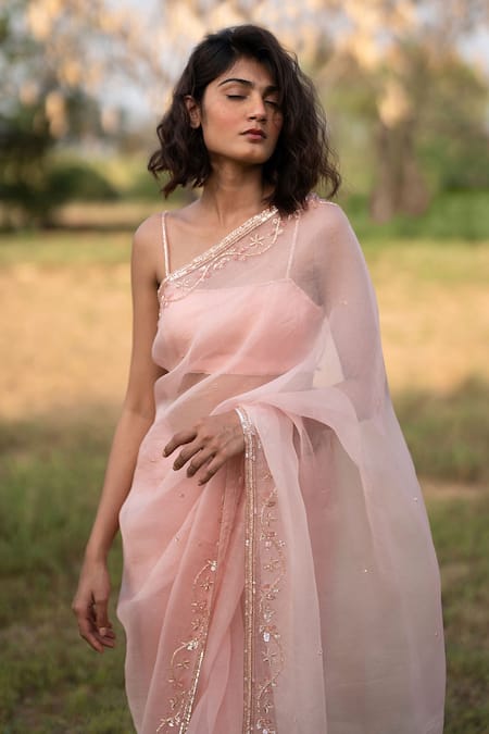 Buy Zoon Pink Crepe, Silk Organza Sequins Crystal Embroidered Border Saree With Blouse Online at Aza Fashions Buy_Zoon_Pink Crepe, Silk Organza Sequins Crystal Embroidered Border Saree With Blouse _Online_at_Aza_Fashions