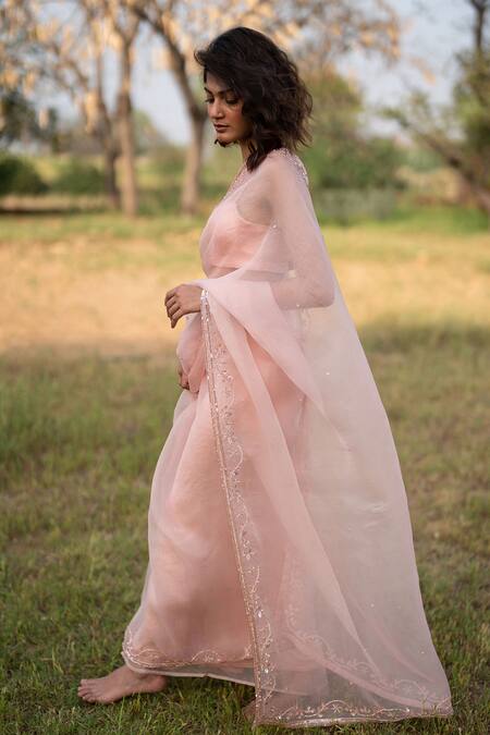 Shop Zoon Pink Crepe, Silk Organza Sequins Crystal Embroidered Border Saree With Blouse Online at Aza Fashions Shop_Zoon_Pink Crepe, Silk Organza Sequins Crystal Embroidered Border Saree With Blouse _Online_at_Aza_Fashions