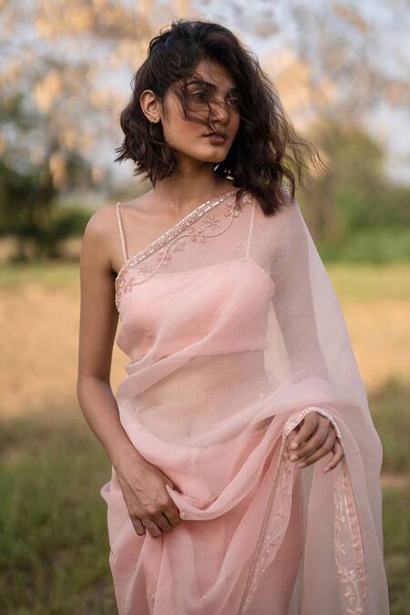 Zoon Pink Crepe, Silk Organza Sequins Crystal Embroidered Border Saree With Blouse at Aza Fashions Zoon_Pink Crepe, Silk Organza Sequins Crystal Embroidered Border Saree With Blouse _at_Aza_Fashions