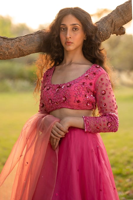 Zoon_Pink Net, Silk Organza Sequins, Crystals Floral Embroidered Blouse Lehenga Set _Online_at_Aza_Fashions